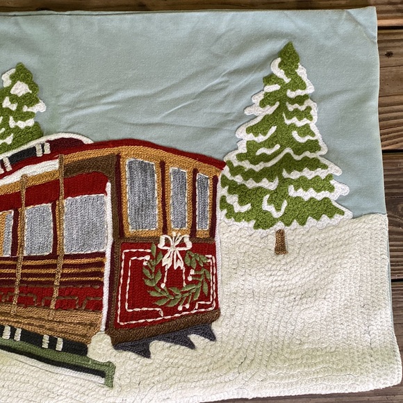 Pottery Barn Winter Wonderland Snow Streetcar Sleigh Crewel Lumbar Pillow Cover - Picture 3 of 16